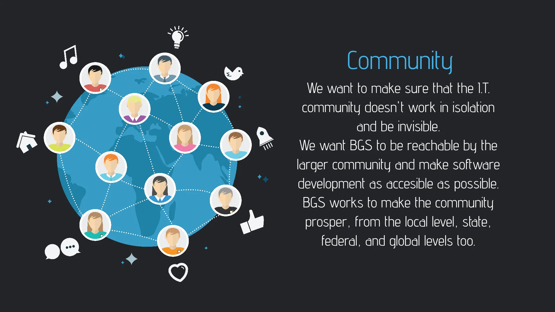 Image 4 with a paragraph about our core value: BGS works to make the community prosper, from the local level, state, federal, and global levels too.